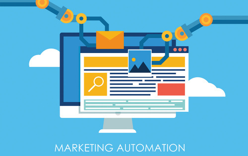 Marketing Automation. Computer with a site that builds the robots hands