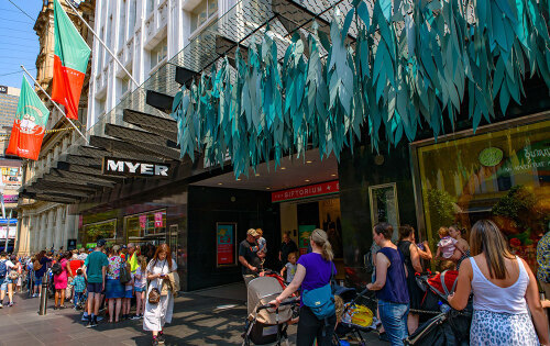 People Watching Myer Christmas Windows on Bourke Street, Melbourne, Australia.