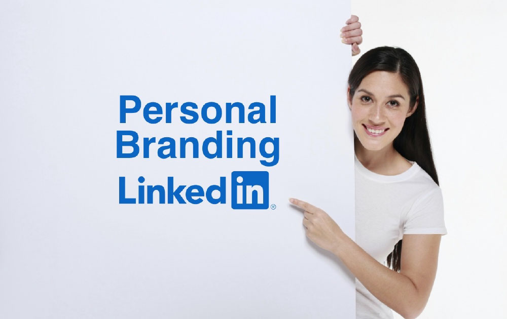 Dark haired woman pointing at text that reads Personal Branding LinkedIn